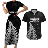 Personalised New Zealand 2025 Archery Couples Matching Short Sleeve Bodycon Dress and Hawaiian Shirt Aotearoa Silver Arrows Black LT01 Black - Polynesian Pride