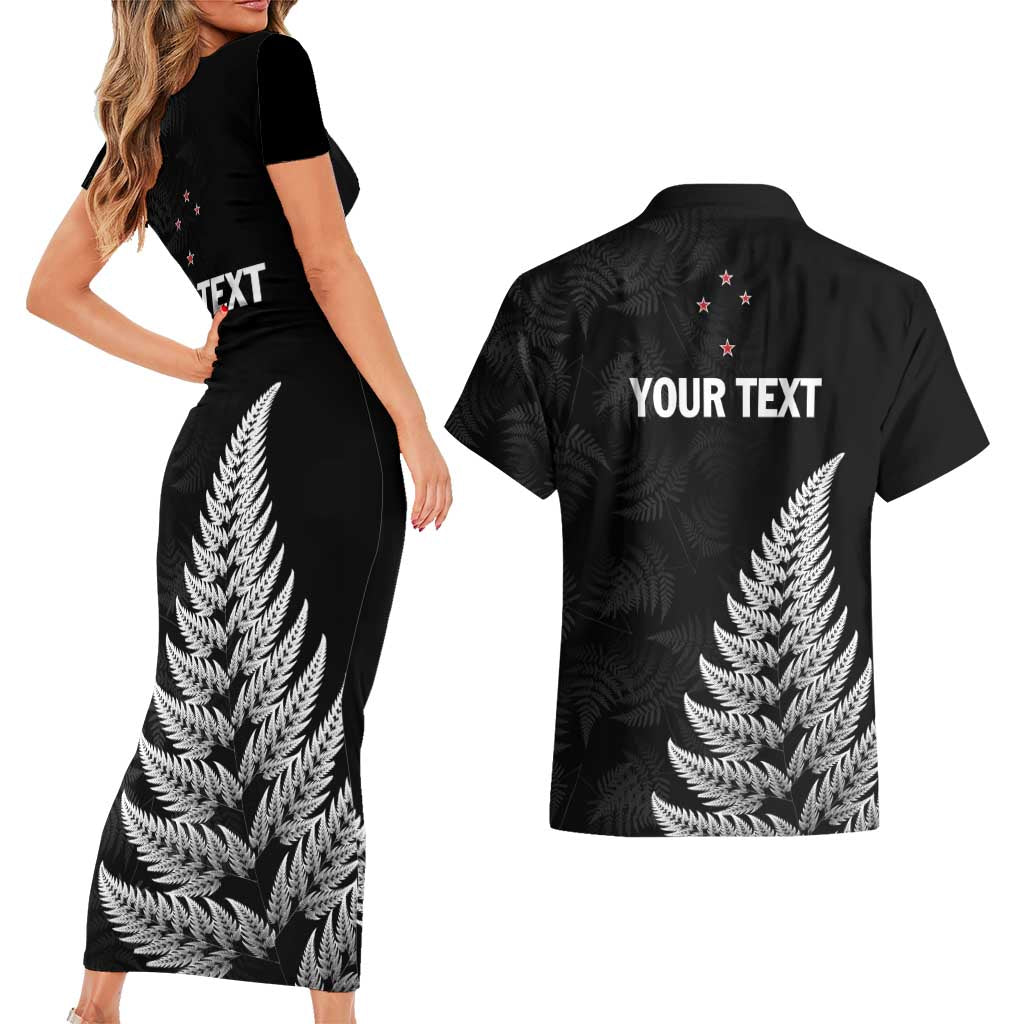 Personalised New Zealand 2025 Archery Couples Matching Short Sleeve Bodycon Dress and Hawaiian Shirt Aotearoa Silver Arrows Black LT01 - Polynesian Pride