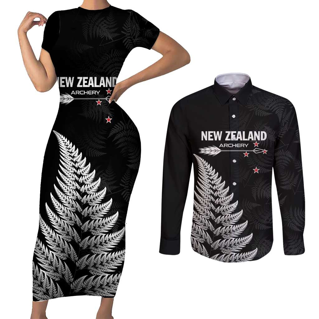 Personalised New Zealand 2025 Archery Couples Matching Short Sleeve Bodycon Dress and Long Sleeve Button Shirt Aotearoa Silver Arrows Black