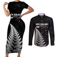 Personalised New Zealand 2025 Archery Couples Matching Short Sleeve Bodycon Dress and Long Sleeve Button Shirt Aotearoa Silver Arrows Black