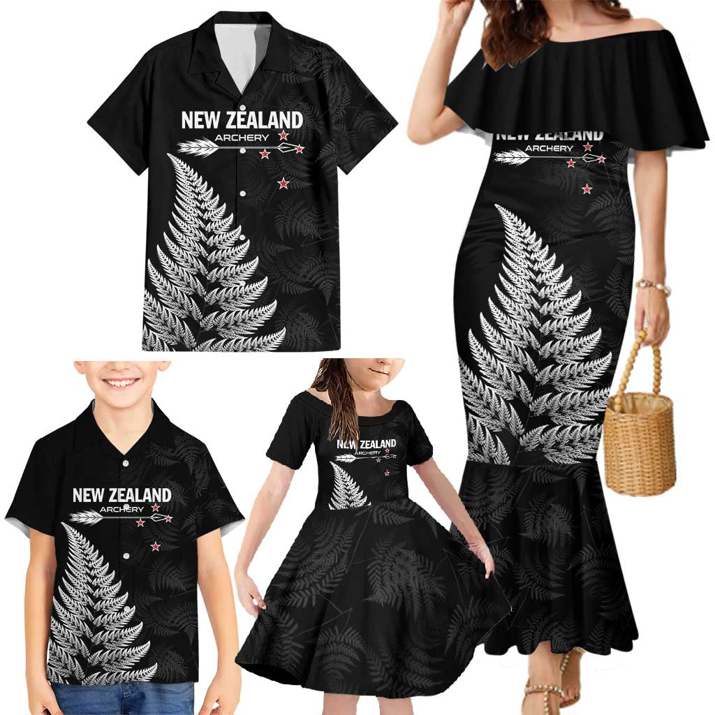 Personalised New Zealand 2025 Archery Family Matching Mermaid Dress and Hawaiian Shirt Aotearoa Silver Arrows Black LT01 - Polynesian Pride