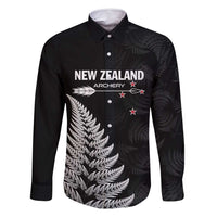 Personalised New Zealand 2025 Archery Family Matching Mermaid Dress and Hawaiian Shirt Aotearoa Silver Arrows Black LT01 Dad's Shirt - Long Sleeve Black - Polynesian Pride