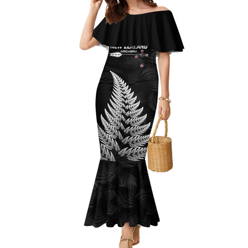 Personalised New Zealand 2025 Archery Family Matching Mermaid Dress and Hawaiian Shirt Aotearoa Silver Arrows Black LT01 Mom's Dress Black - Polynesian Pride