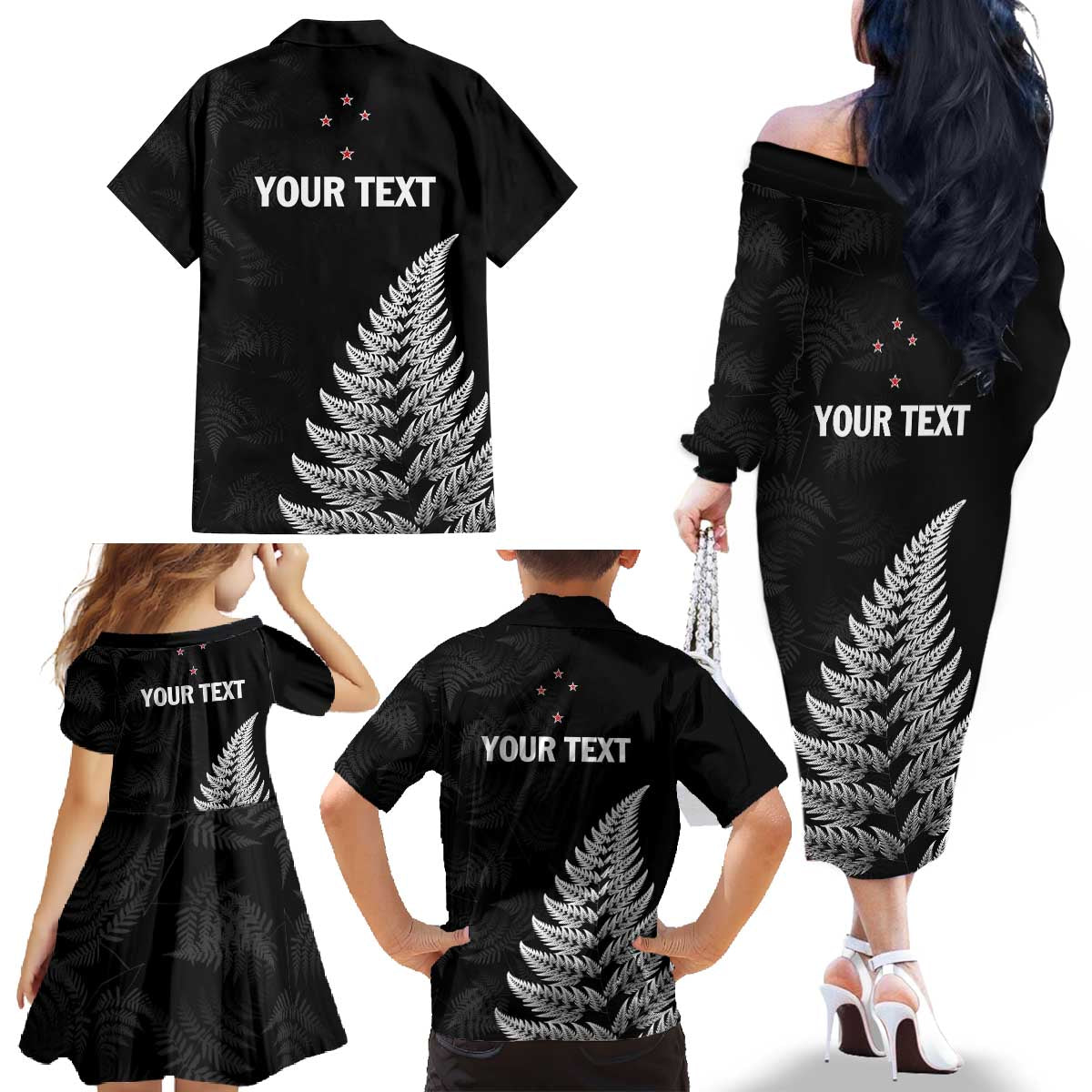 Personalised New Zealand 2025 Archery Family Matching Off The Shoulder Long Sleeve Dress and Hawaiian Shirt Aotearoa Silver Arrows Black LT01 - Polynesian Pride