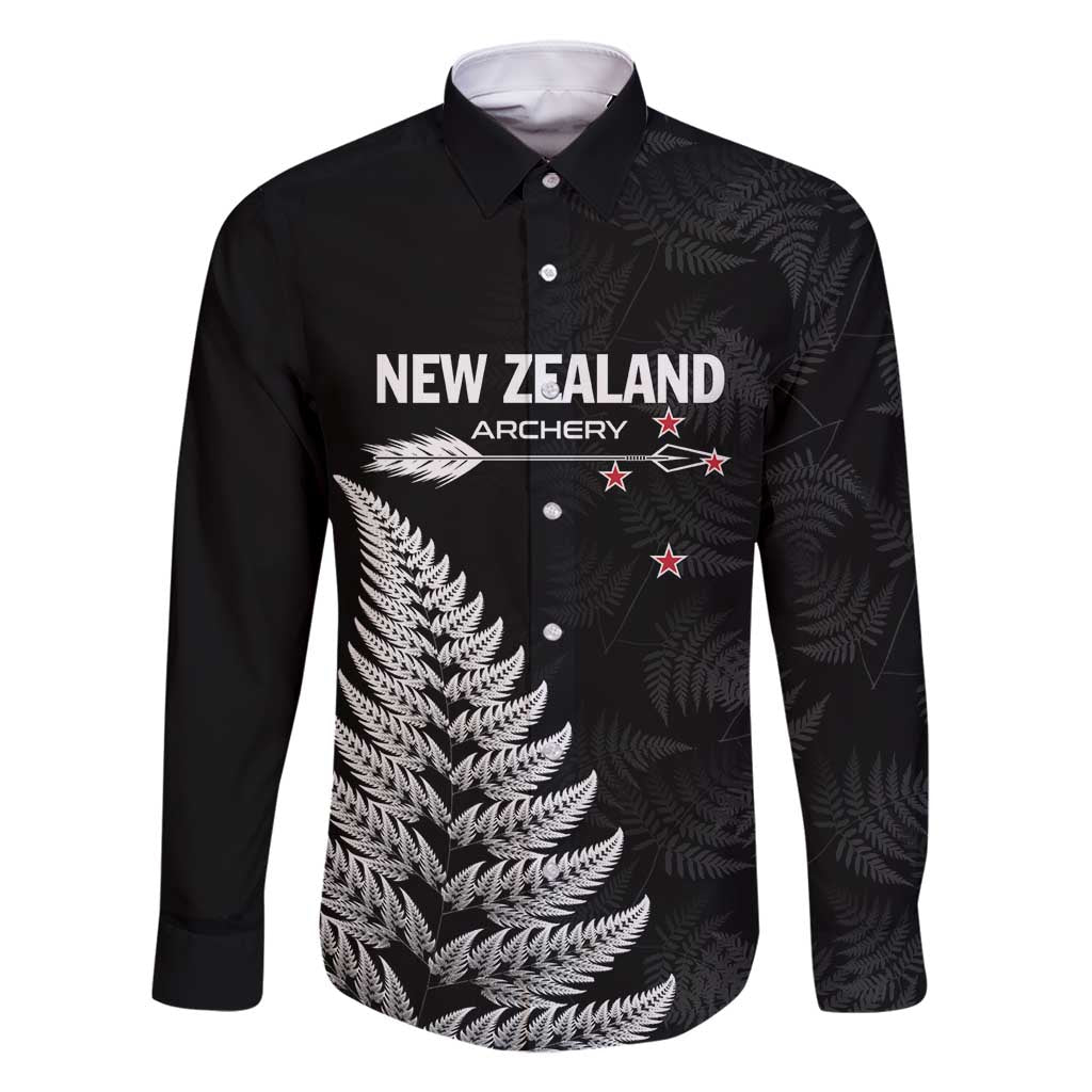 Personalised New Zealand 2025 Archery Family Matching Off Shoulder Maxi Dress and Hawaiian Shirt Aotearoa Silver Arrows Black LT01 Dad's Shirt - Long Sleeve Black - Polynesian Pride
