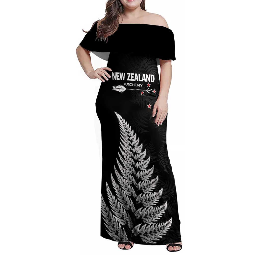 Personalised New Zealand 2025 Archery Family Matching Off Shoulder Maxi Dress and Hawaiian Shirt Aotearoa Silver Arrows Black LT01 Mom's Dress Black - Polynesian Pride