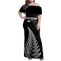 Personalised New Zealand 2025 Archery Family Matching Off Shoulder Maxi Dress and Hawaiian Shirt Aotearoa Silver Arrows Black LT01 Mom's Dress Black - Polynesian Pride