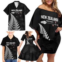 Personalised New Zealand 2025 Archery Family Matching Off Shoulder Short Dress and Hawaiian Shirt Aotearoa Silver Arrows Black LT01 - Polynesian Pride