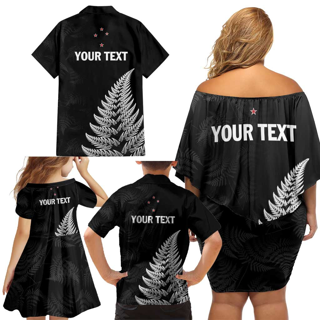 Personalised New Zealand 2025 Archery Family Matching Off Shoulder Short Dress and Hawaiian Shirt Aotearoa Silver Arrows Black LT01 - Polynesian Pride