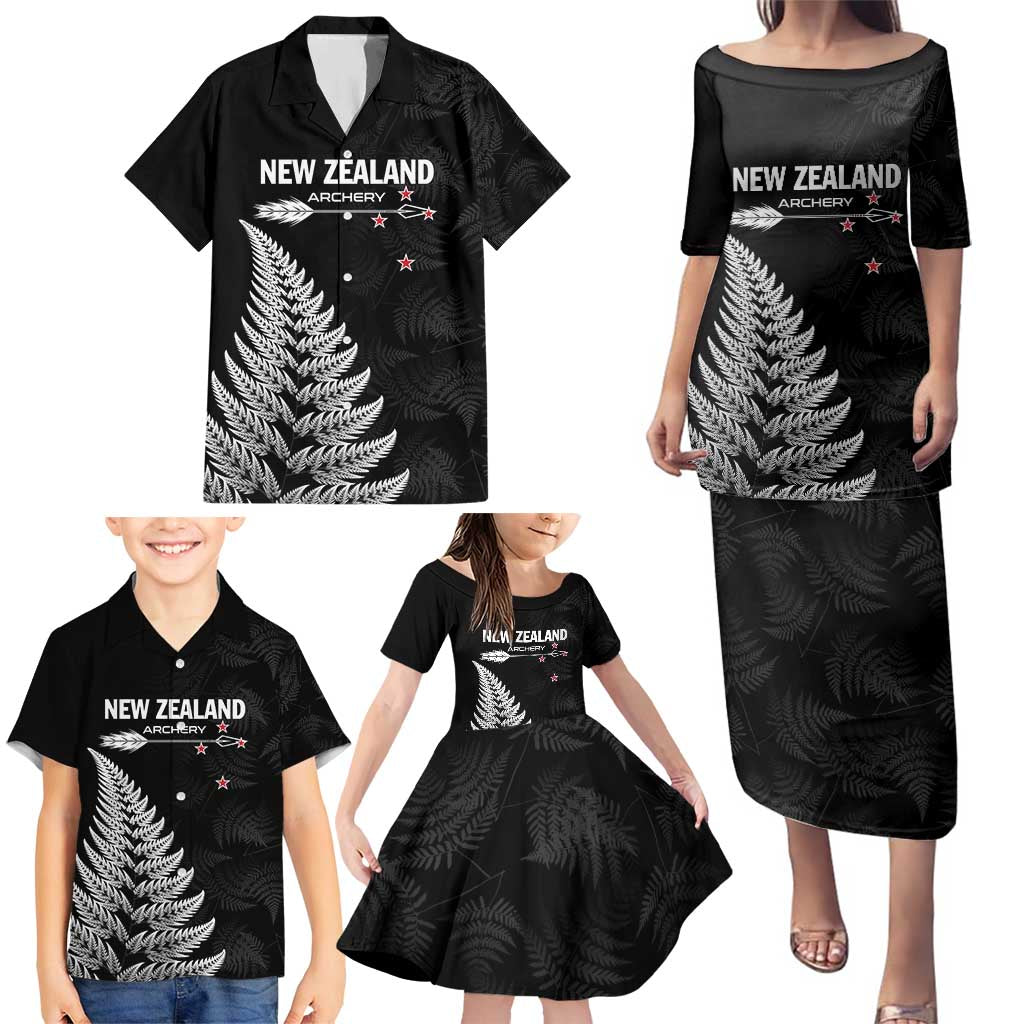 Personalised New Zealand 2025 Archery Family Matching Puletasi and Hawaiian Shirt Aotearoa Silver Arrows Black