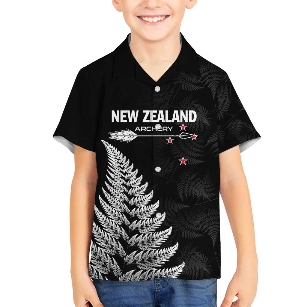 Personalised New Zealand 2025 Archery Family Matching Summer Maxi Dress and Hawaiian Shirt Aotearoa Silver Arrows Black LT01 Son's Shirt Black - Polynesian Pride
