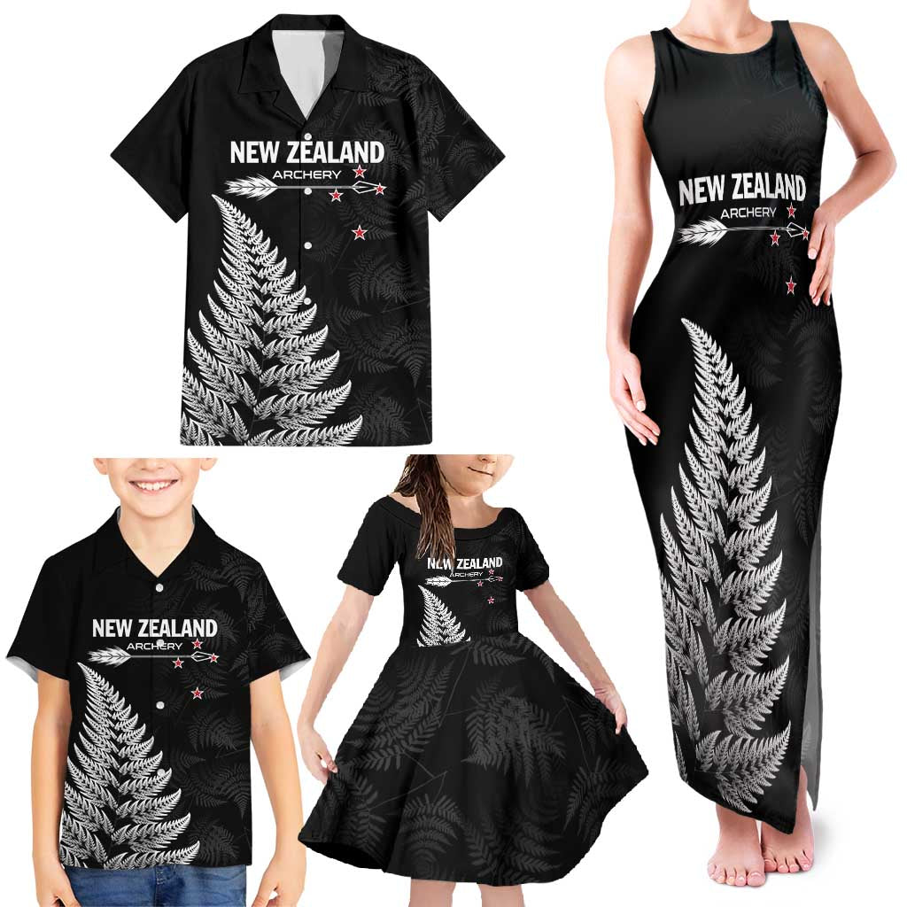 Personalised New Zealand 2025 Archery Family Matching Tank Maxi Dress and Hawaiian Shirt Aotearoa Silver Arrows Black LT01 - Polynesian Pride