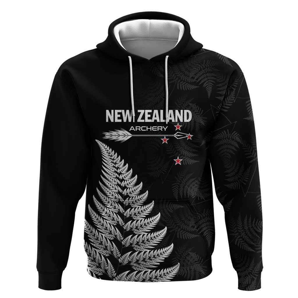 Personalised New Zealand 2025 Archery Hoodie Aotearoa Silver Arrows Black