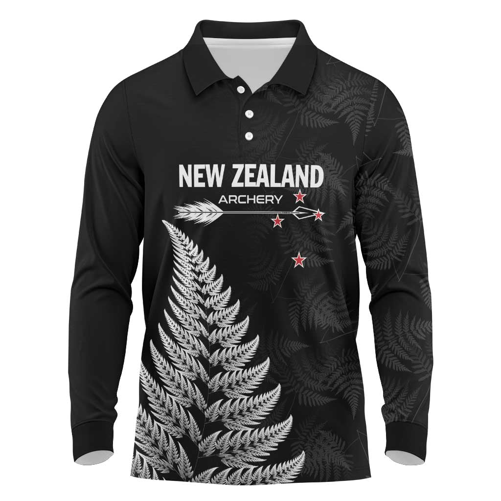 Personalised New Zealand 2025 Archery Long Sleeve Polo Shirt Aotearoa Silver Arrows Black