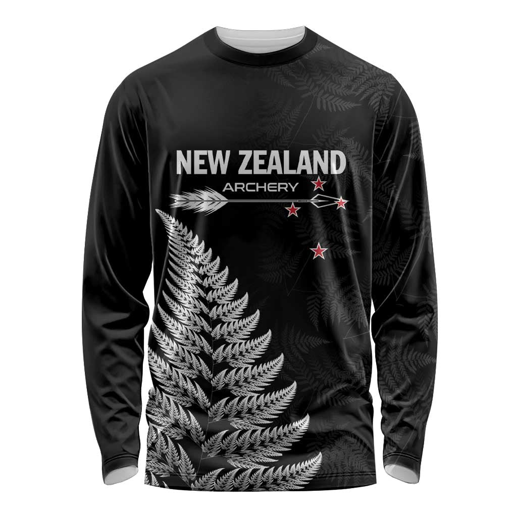 Personalised New Zealand 2025 Archery Long Sleeve Shirt Aotearoa Silver Arrows Black