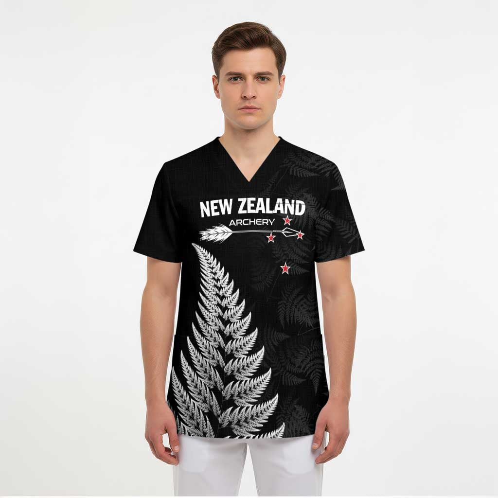 Personalised New Zealand 2025 Archery Scrub Top Aotearoa Silver Arrows Black - Polynesian Pride