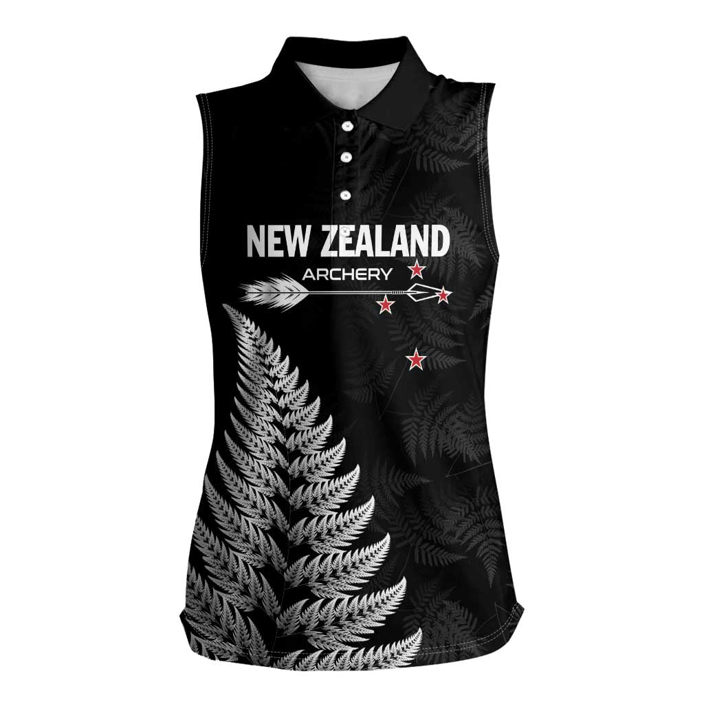 Personalised New Zealand 2025 Archery Women Sleeveless Polo Shirt Aotearoa Silver Arrows Black