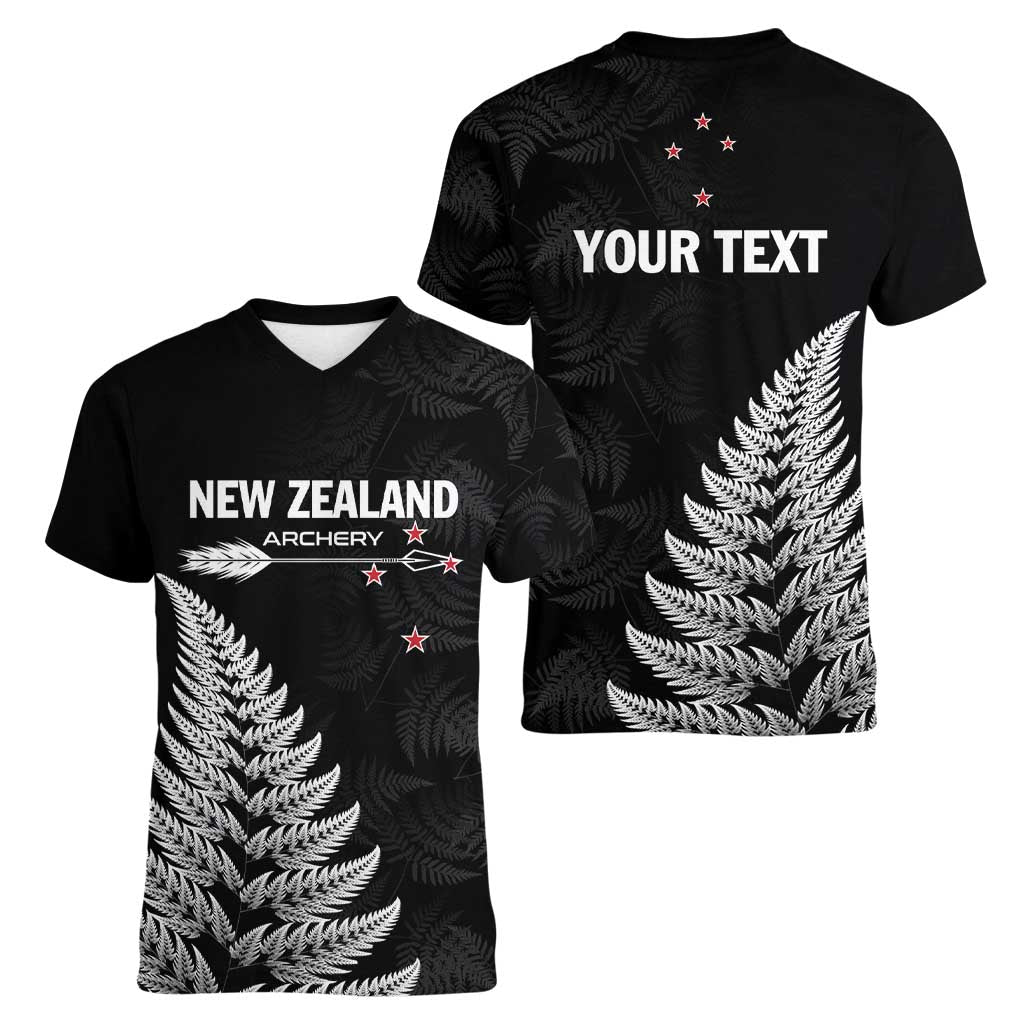 Personalised New Zealand 2025 Archery Women V-Neck T-Shirt Aotearoa Silver Arrows Black