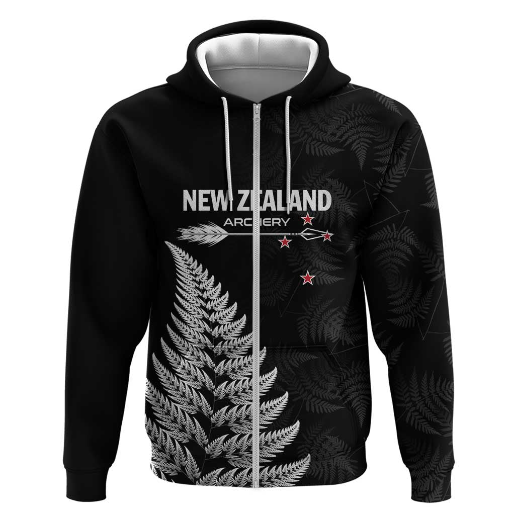 Personalised New Zealand 2025 Archery Zip Hoodie Aotearoa Silver Arrows Black LT01 Zip Hoodie Black - Polynesian Pride