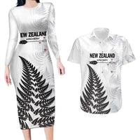 Personalised New Zealand 2025 Archery Couples Matching Long Sleeve Bodycon Dress and Hawaiian Shirt Aotearoa Silver Arrows White LT01 White - Polynesian Pride