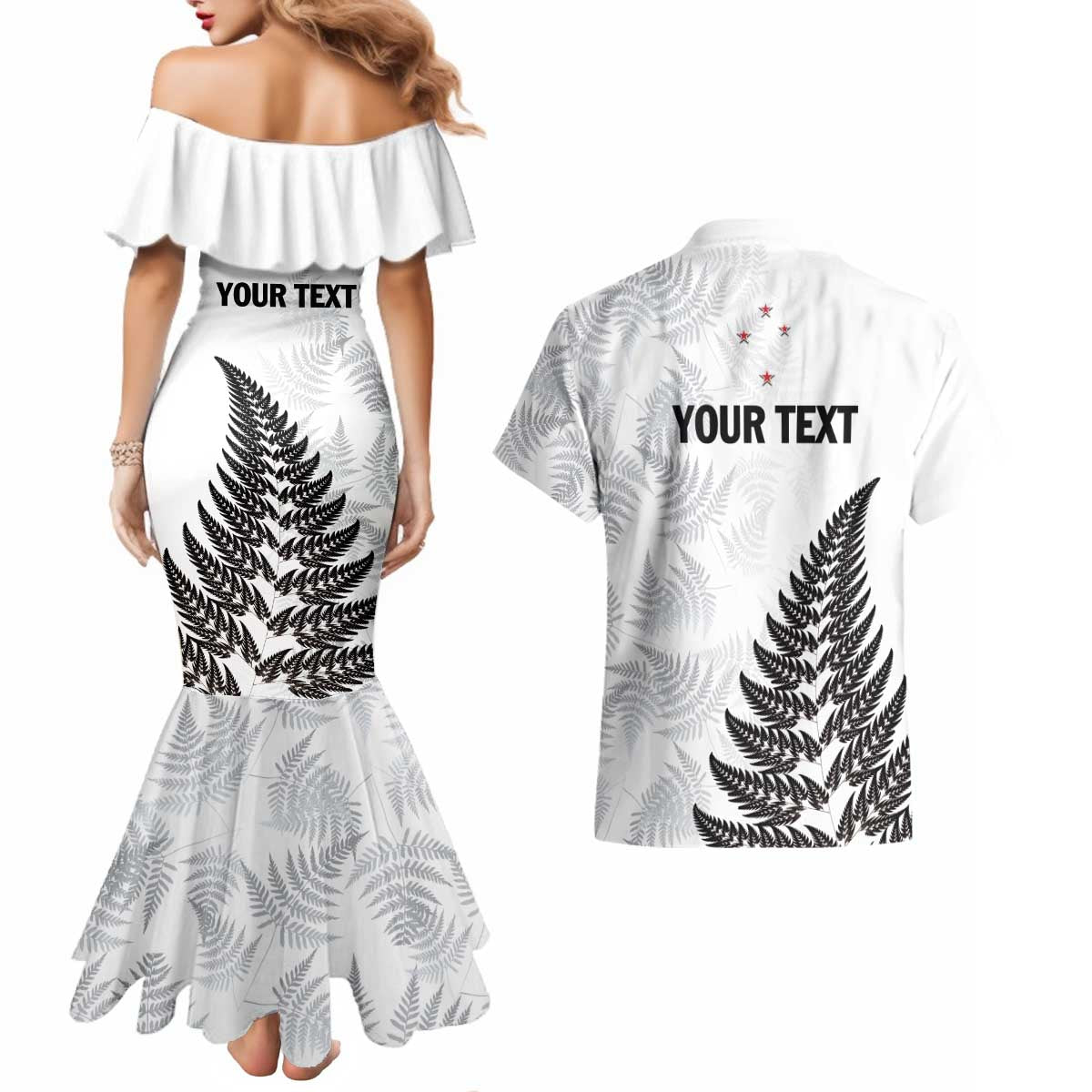 Personalised New Zealand 2025 Archery Couples Matching Mermaid Dress and Hawaiian Shirt Aotearoa Silver Arrows White LT01 - Polynesian Pride