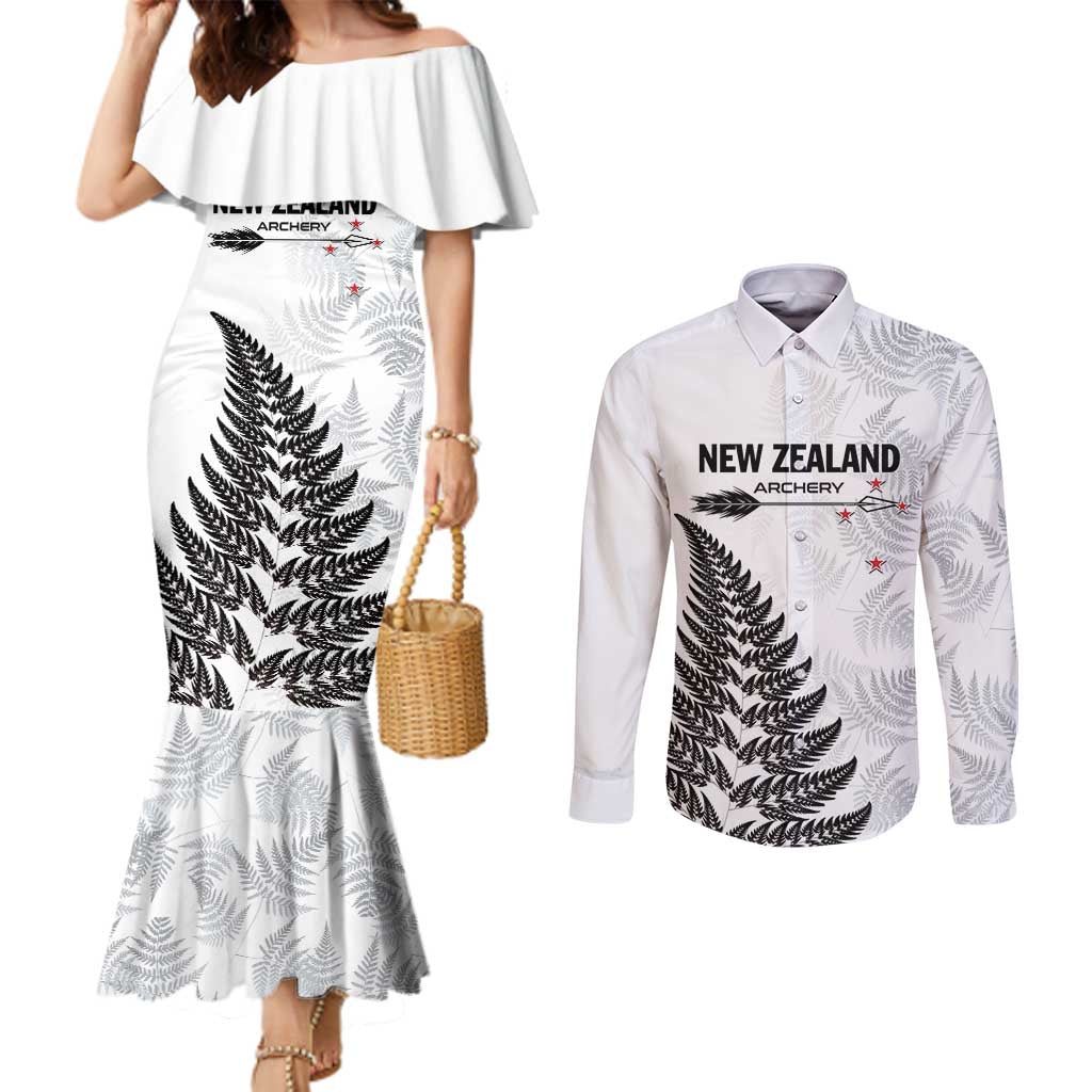Personalised New Zealand 2025 Archery Couples Matching Mermaid Dress and Long Sleeve Button Shirt Aotearoa Silver Arrows White