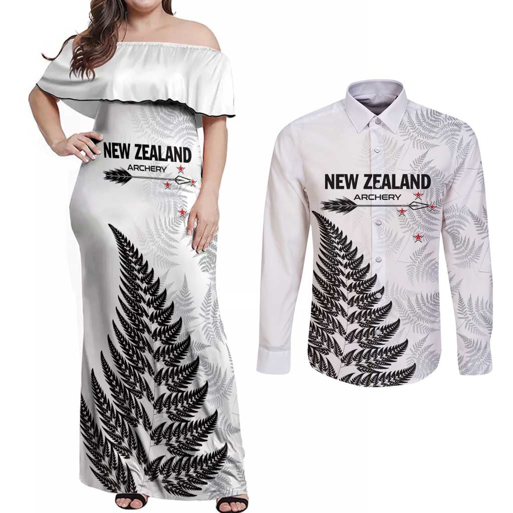 Personalised New Zealand 2025 Archery Couples Matching Off Shoulder Maxi Dress and Long Sleeve Button Shirt Aotearoa Silver Arrows White