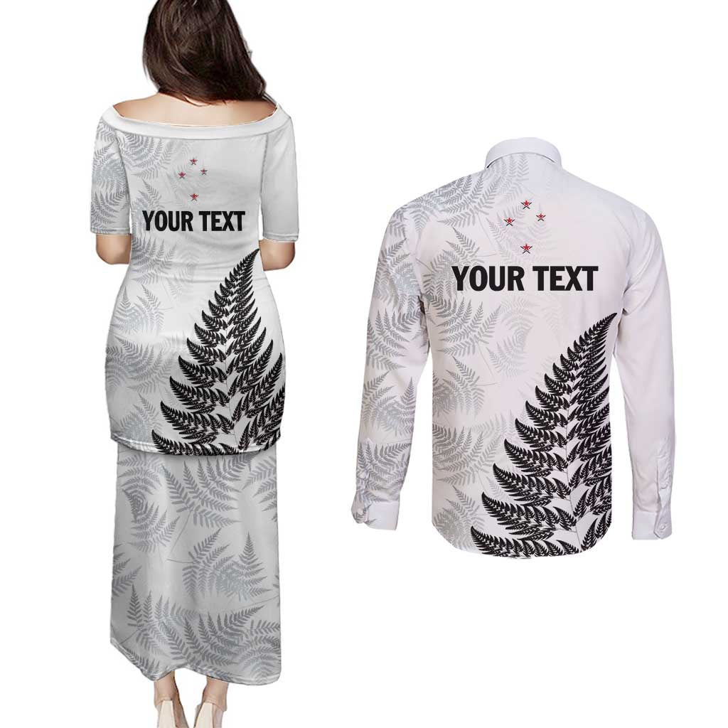 Personalised New Zealand 2025 Archery Couples Matching Puletasi and Long Sleeve Button Shirt Aotearoa Silver Arrows White