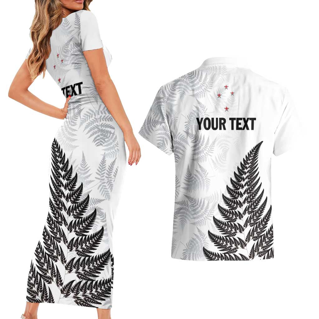 Personalised New Zealand 2025 Archery Couples Matching Short Sleeve Bodycon Dress and Hawaiian Shirt Aotearoa Silver Arrows White LT01 - Polynesian Pride