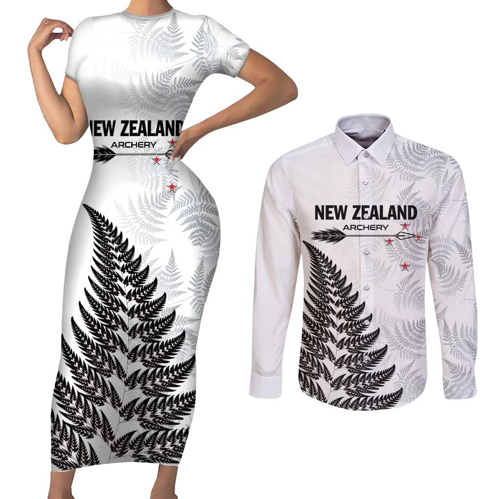 Personalised New Zealand 2025 Archery Couples Matching Short Sleeve Bodycon Dress and Long Sleeve Button Shirt Aotearoa Silver Arrows White