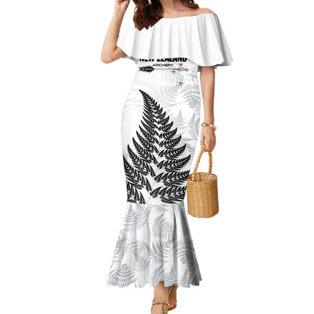 Personalised New Zealand 2025 Archery Family Matching Mermaid Dress and Hawaiian Shirt Aotearoa Silver Arrows White LT01 Mom's Dress White - Polynesian Pride