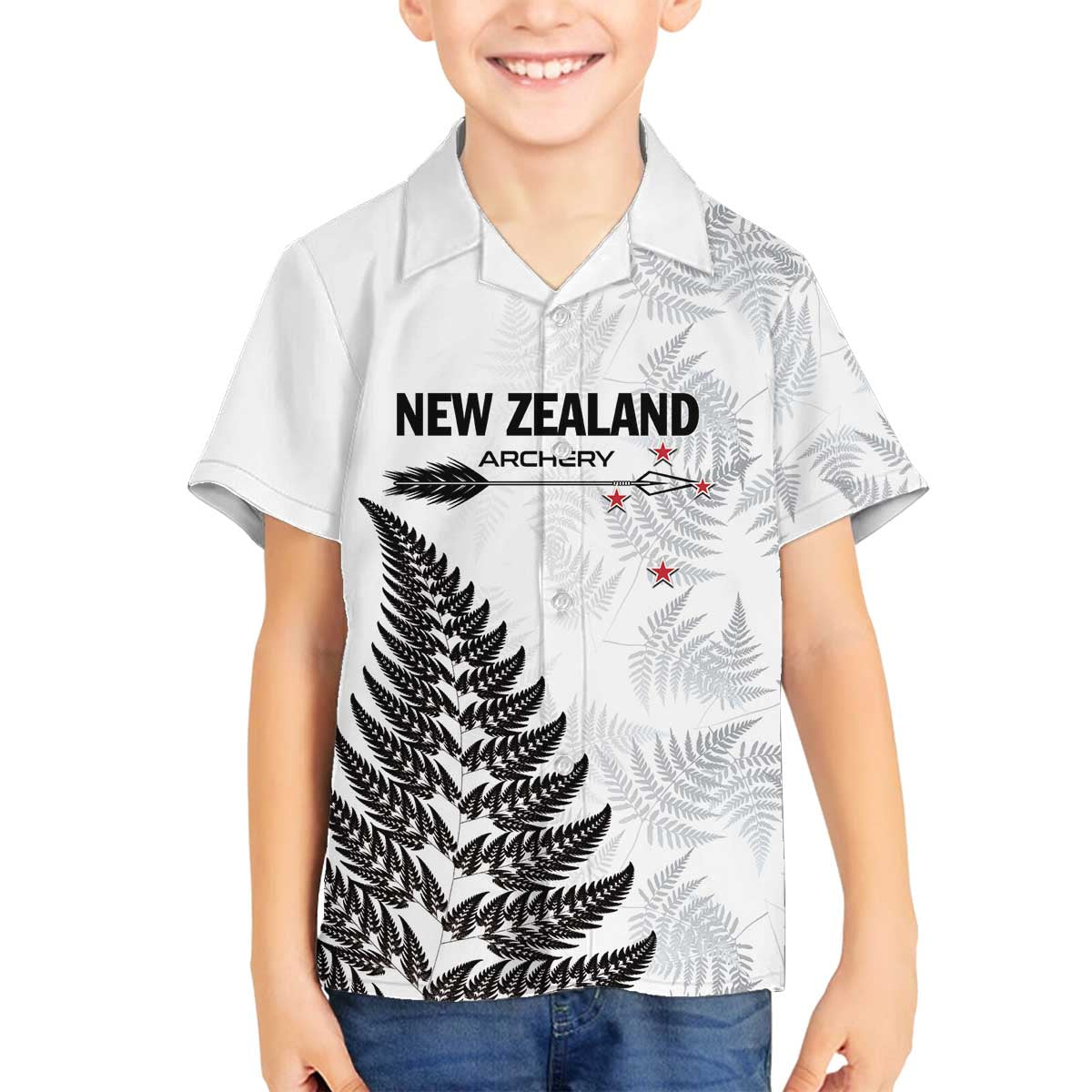 Personalised New Zealand 2025 Archery Family Matching Off The Shoulder Long Sleeve Dress and Hawaiian Shirt Aotearoa Silver Arrows White LT01 Son's Shirt White - Polynesian Pride