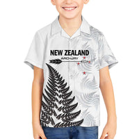 Personalised New Zealand 2025 Archery Family Matching Off The Shoulder Long Sleeve Dress and Hawaiian Shirt Aotearoa Silver Arrows White LT01 Son's Shirt White - Polynesian Pride