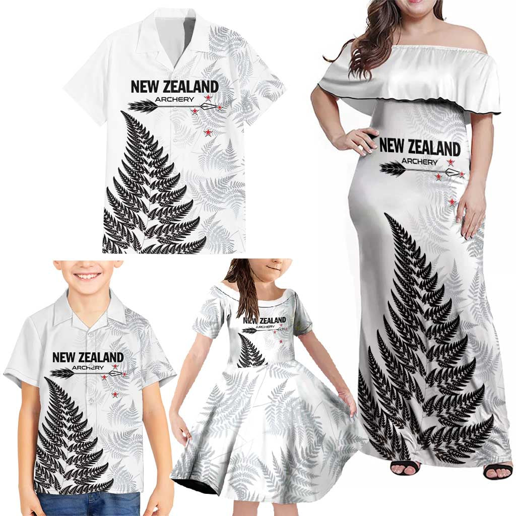 Personalised New Zealand 2025 Archery Family Matching Off Shoulder Maxi Dress and Hawaiian Shirt Aotearoa Silver Arrows White LT01 - Polynesian Pride