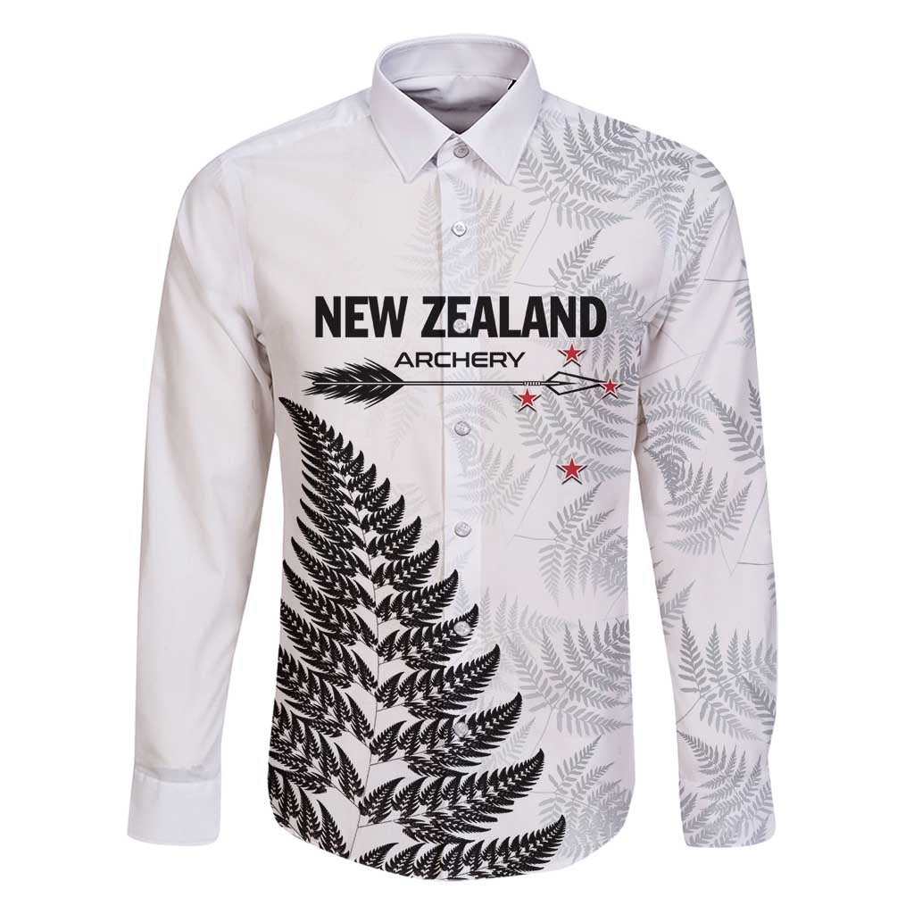 Personalised New Zealand 2025 Archery Family Matching Off Shoulder Maxi Dress and Hawaiian Shirt Aotearoa Silver Arrows White LT01 Dad's Shirt - Long Sleeve White - Polynesian Pride