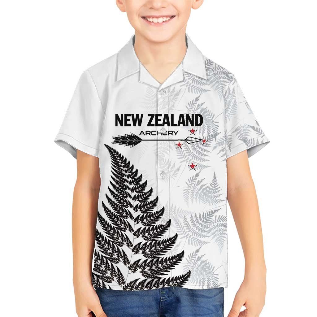 Personalised New Zealand 2025 Archery Family Matching Off Shoulder Maxi Dress and Hawaiian Shirt Aotearoa Silver Arrows White LT01 Son's Shirt White - Polynesian Pride