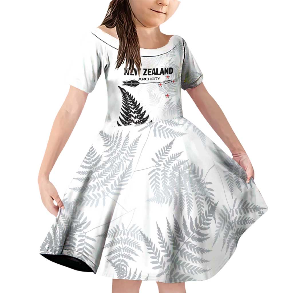 Personalised New Zealand 2025 Archery Family Matching Off Shoulder Short Dress and Hawaiian Shirt Aotearoa Silver Arrows White LT01 Daughter's Dress White - Polynesian Pride