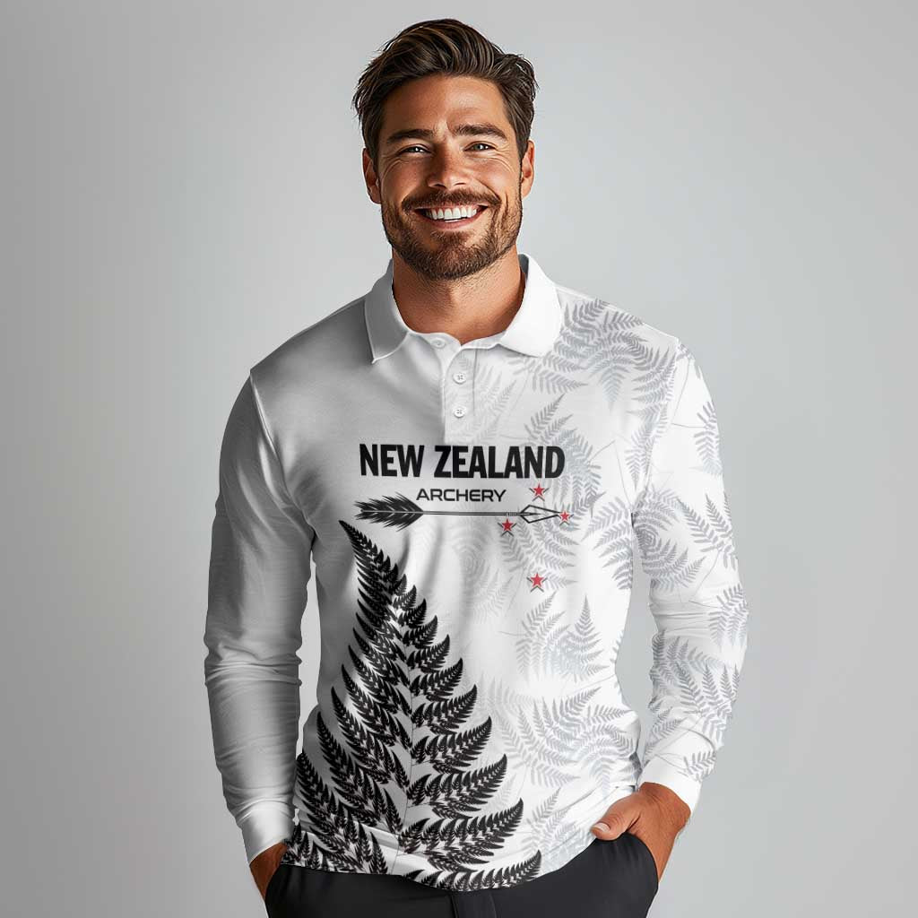 Personalised New Zealand 2025 Archery Long Sleeve Polo Shirt Aotearoa Silver Arrows White
