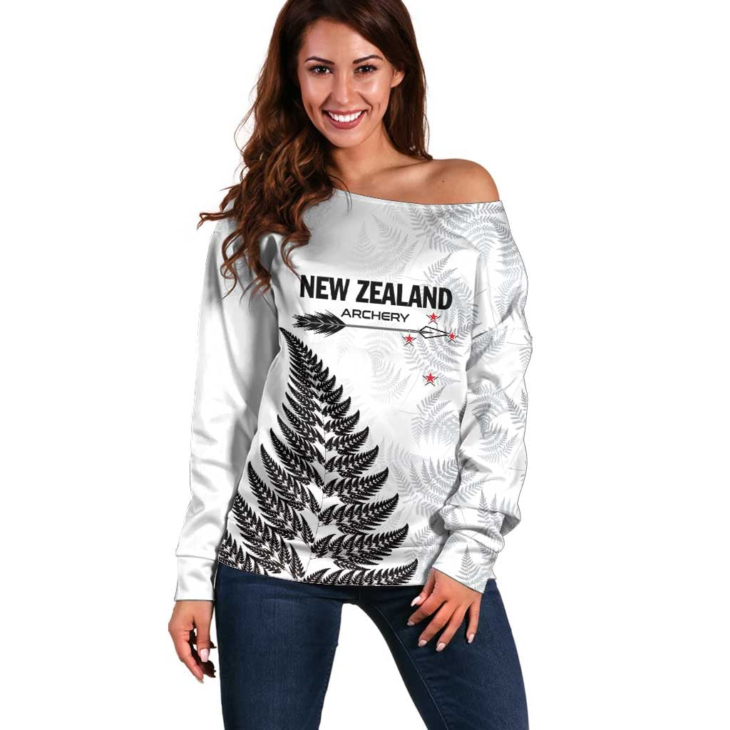 Personalised New Zealand 2025 Archery Off Shoulder Sweater Aotearoa Silver Arrows White LT01 Women White - Polynesian Pride