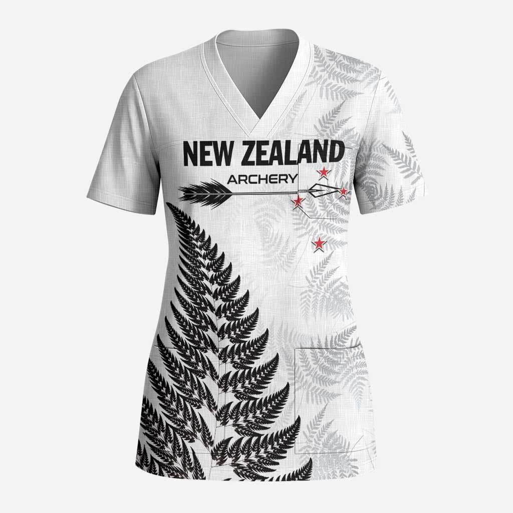 Personalised New Zealand 2025 Archery Scrub Top Aotearoa Silver Arrows White - Polynesian Pride