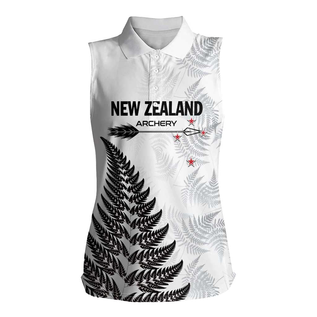 Personalised New Zealand 2025 Archery Women Sleeveless Polo Shirt Aotearoa Silver Arrows White