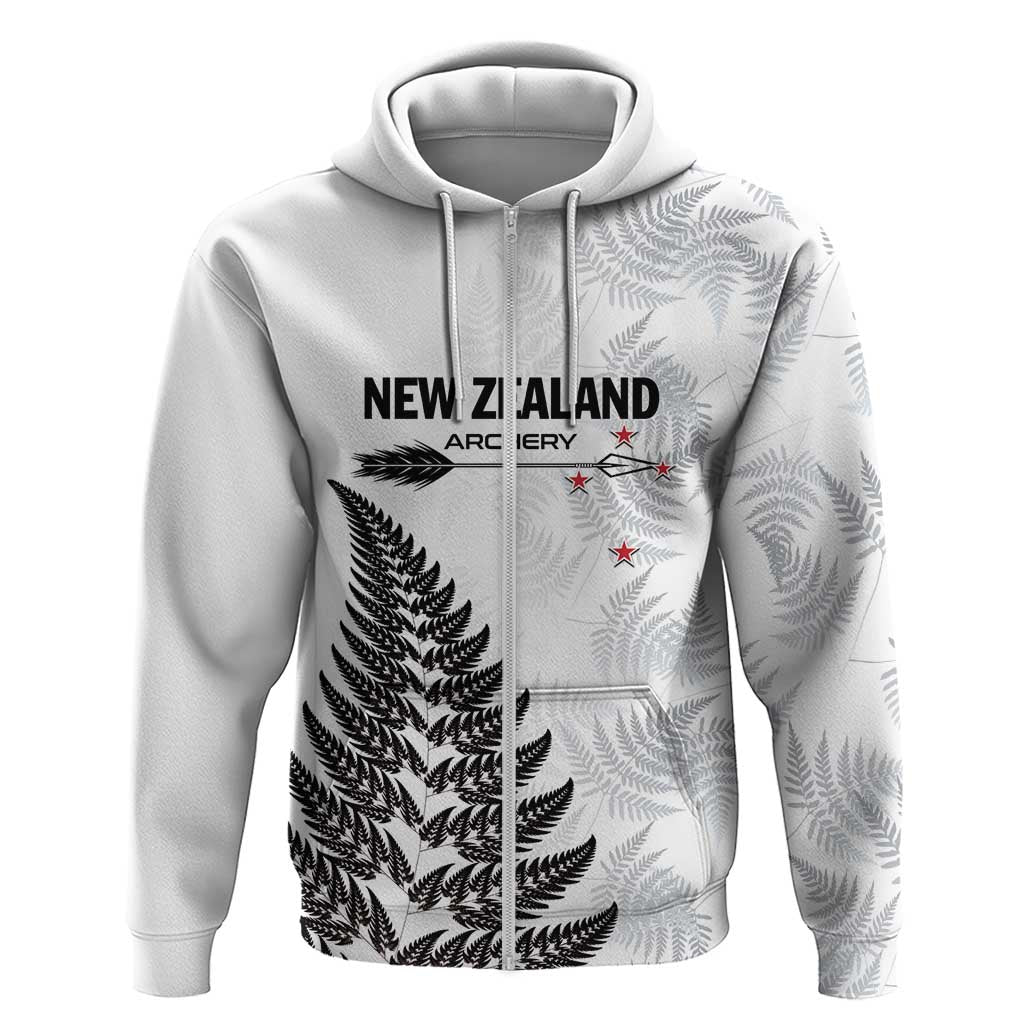 Personalised New Zealand 2025 Archery Zip Hoodie Aotearoa Silver Arrows White LT01 Zip Hoodie White - Polynesian Pride