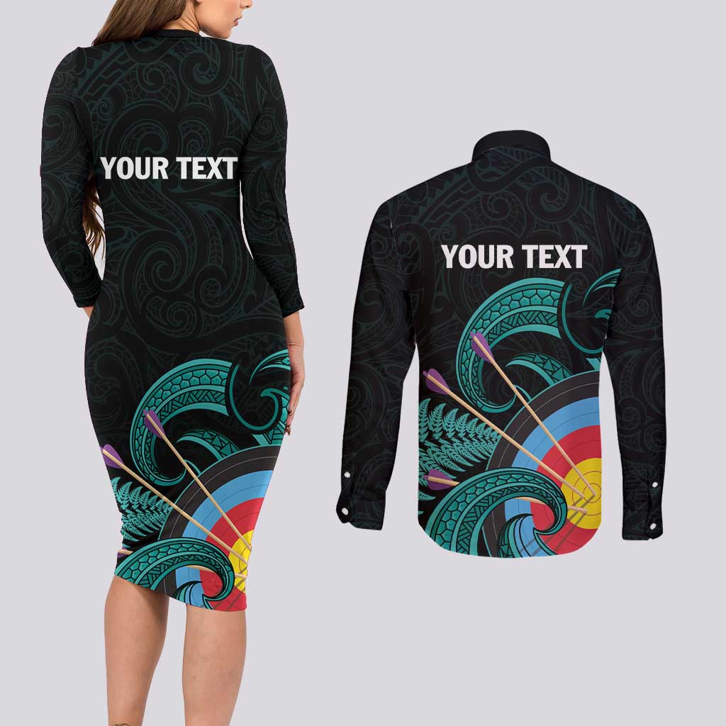 Personalised New Zealand Archery Couples Matching Long Sleeve Bodycon Dress and Long Sleeve Button Shirt Turquoise Maori Silver Fern LT01 - Polynesian Pride