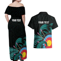 Personalised New Zealand Archery Couples Matching Off Shoulder Maxi Dress and Hawaiian Shirt Turquoise Maori Silver Fern LT01 - Polynesian Pride