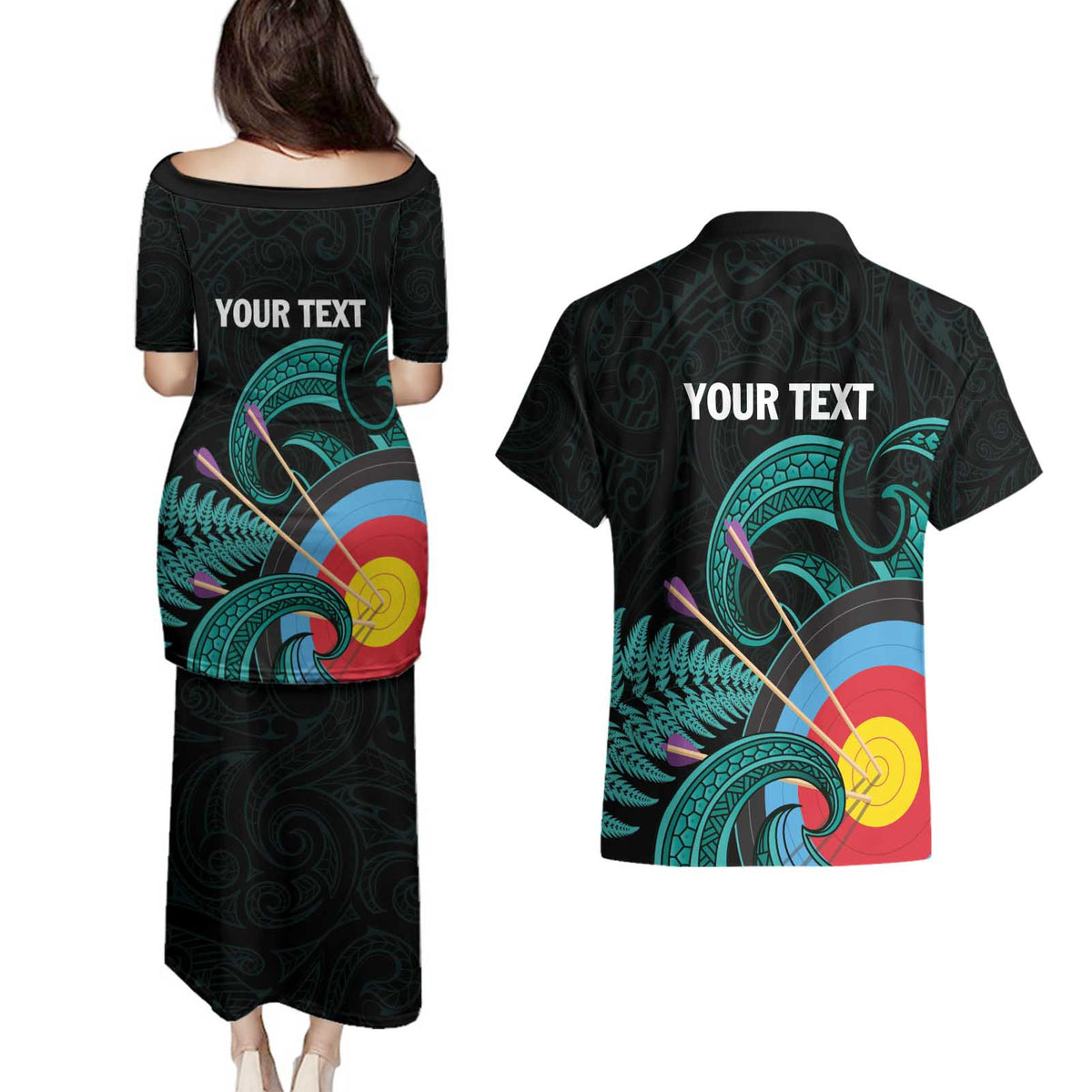 Personalised New Zealand Archery Couples Matching Puletasi and Hawaiian Shirt Turquoise Maori Silver Fern