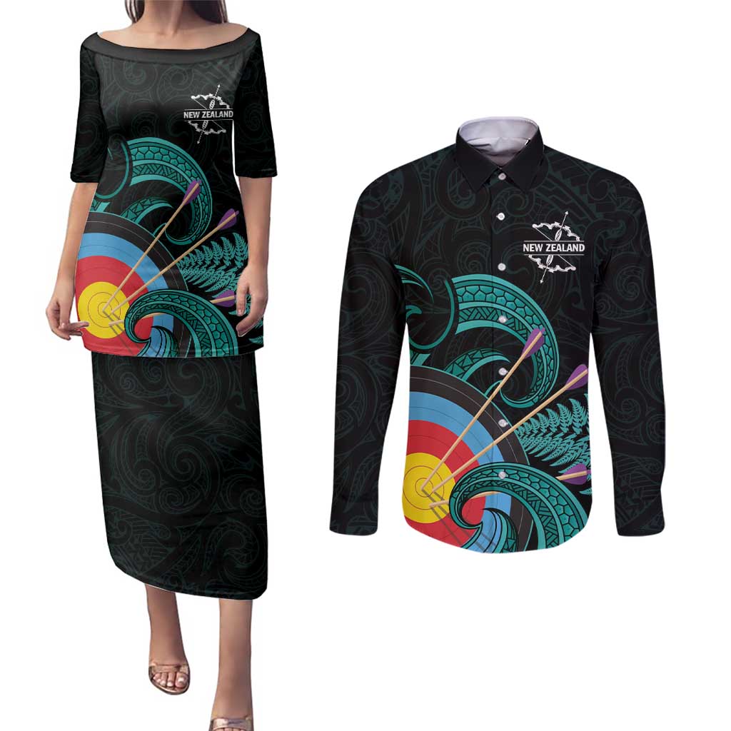Personalised New Zealand Archery Couples Matching Puletasi and Long Sleeve Button Shirt Turquoise Maori Silver Fern
