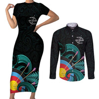 Personalised New Zealand Archery Couples Matching Short Sleeve Bodycon Dress and Long Sleeve Button Shirt Turquoise Maori Silver Fern LT01 Turquoise - Polynesian Pride