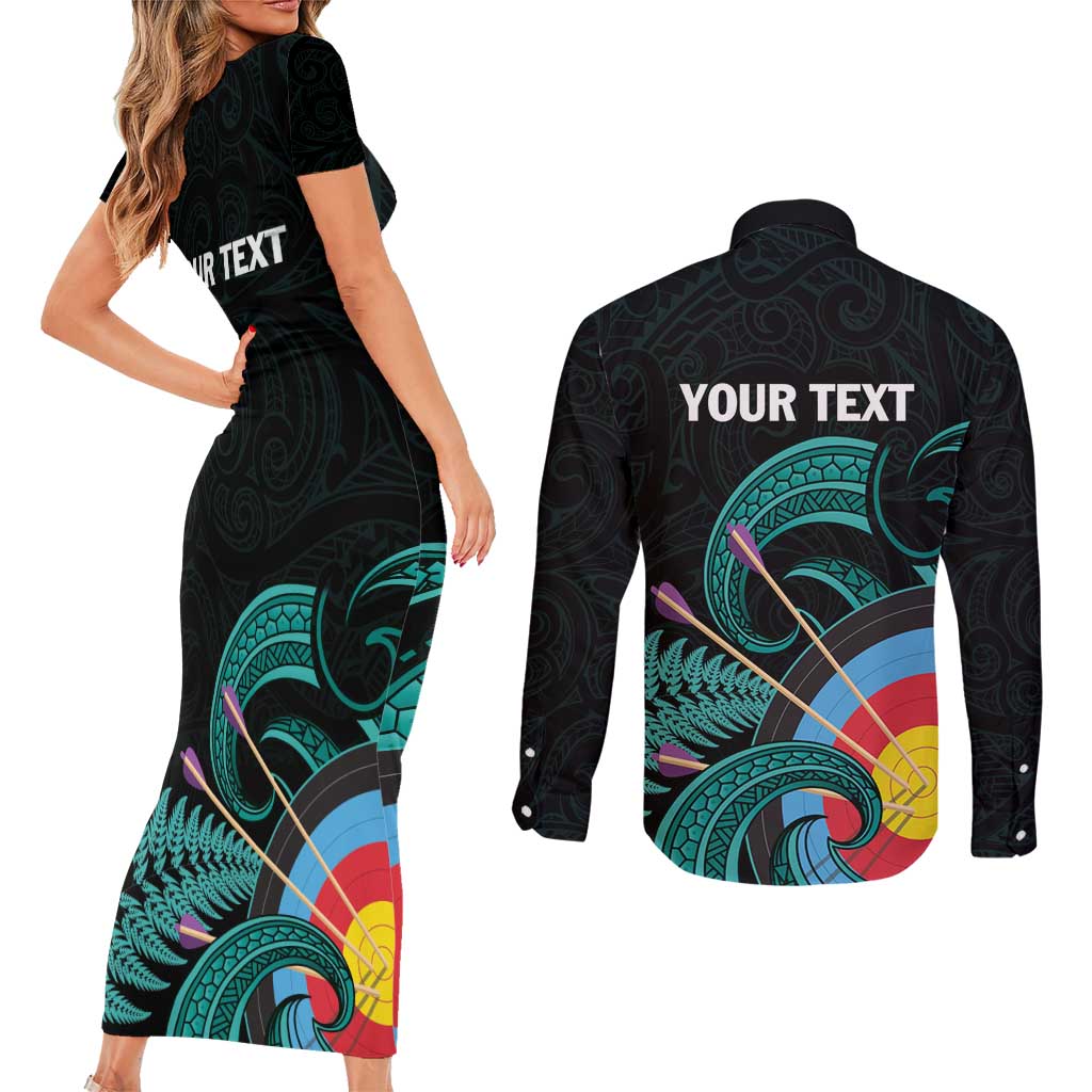 Personalised New Zealand Archery Couples Matching Short Sleeve Bodycon Dress and Long Sleeve Button Shirt Turquoise Maori Silver Fern LT01 - Polynesian Pride
