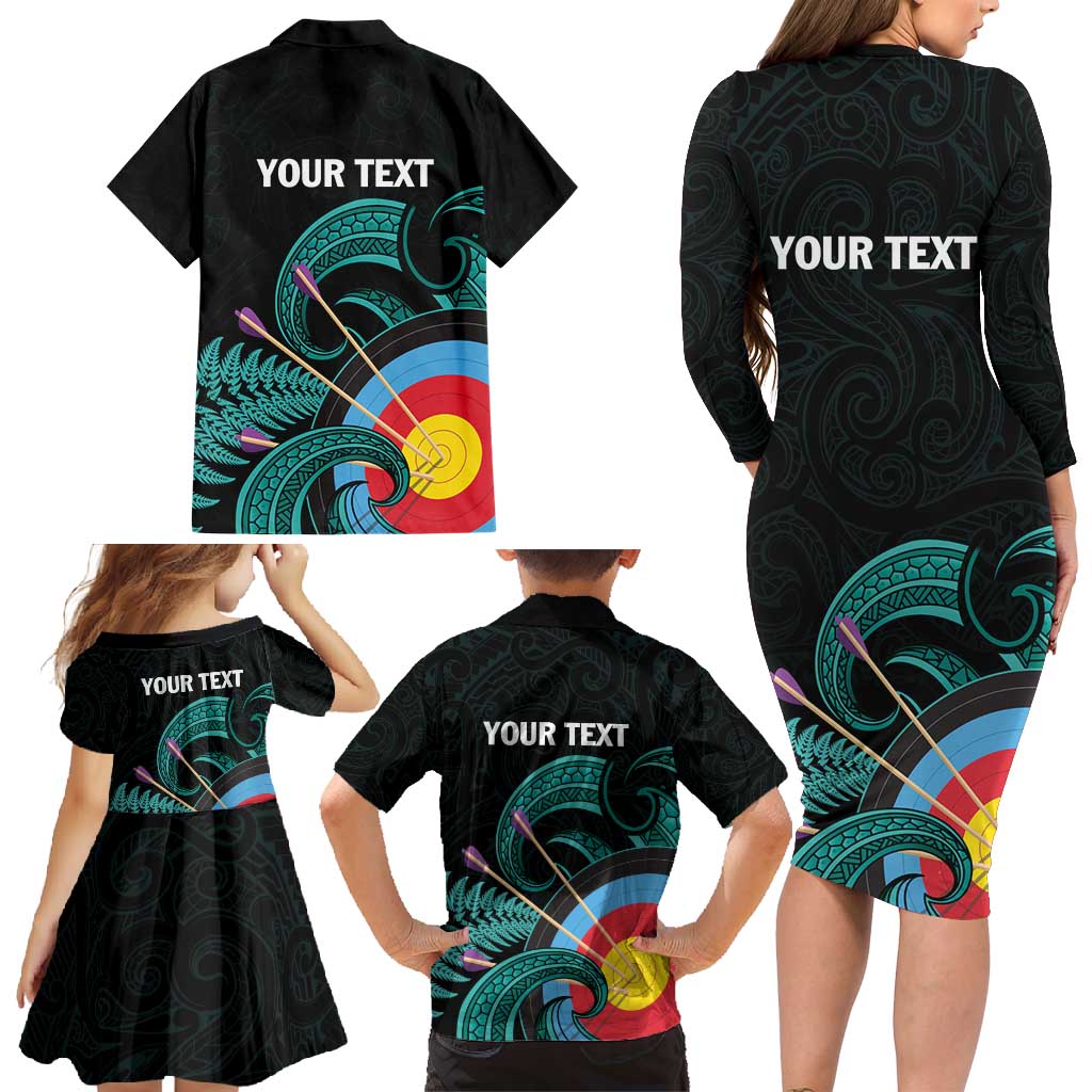 Personalised New Zealand Archery Family Matching Long Sleeve Bodycon Dress and Hawaiian Shirt Turquoise Maori Silver Fern LT01 - Polynesian Pride