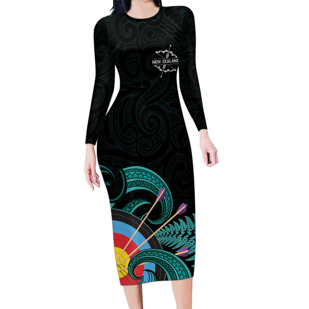 Personalised New Zealand Archery Family Matching Long Sleeve Bodycon Dress and Hawaiian Shirt Turquoise Maori Silver Fern LT01 Mom's Dress Turquoise - Polynesian Pride